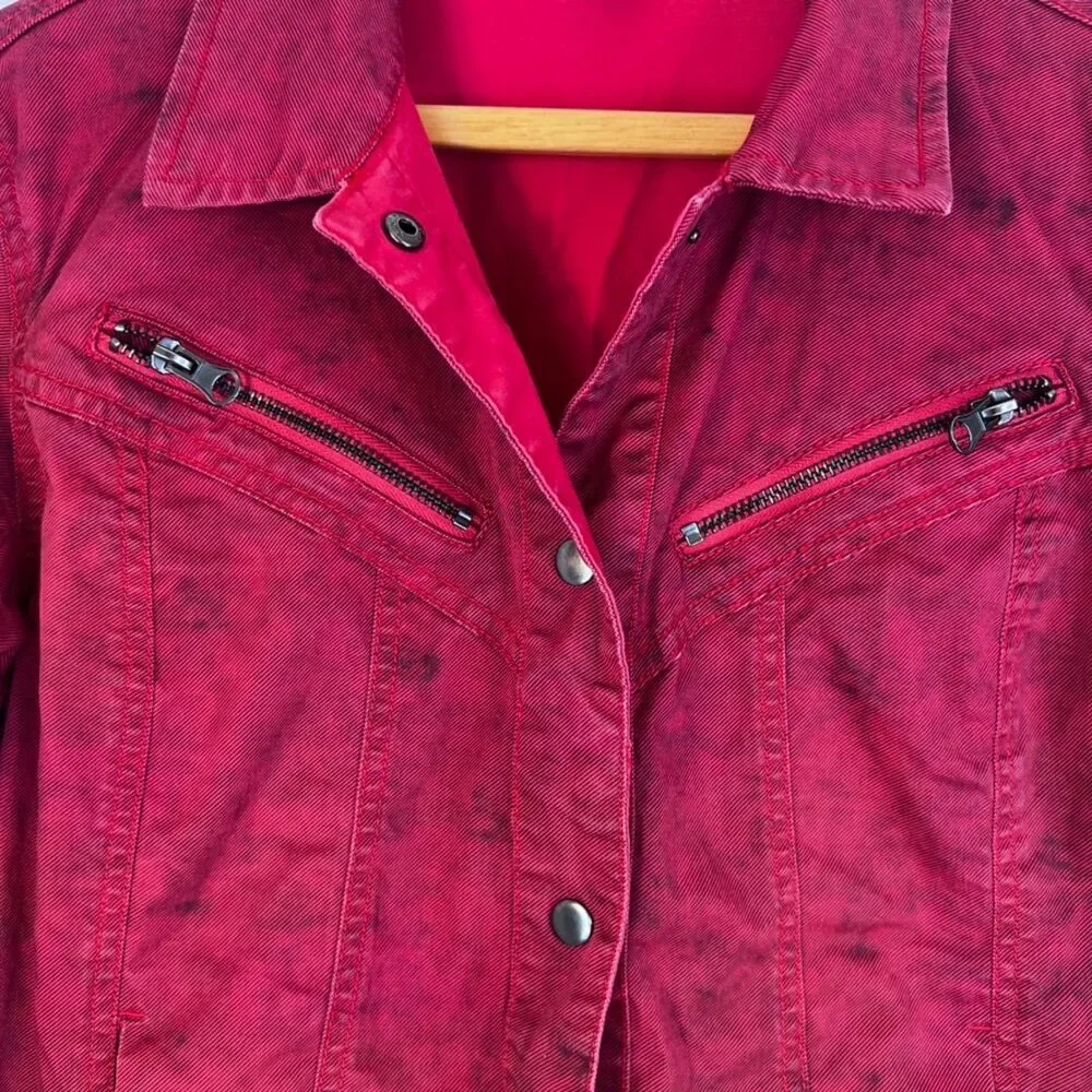 Rock & Republic Stonewash Red Moto Denim Jean Jacket Cropped Size MD Streetwear - Picture 4 of 10